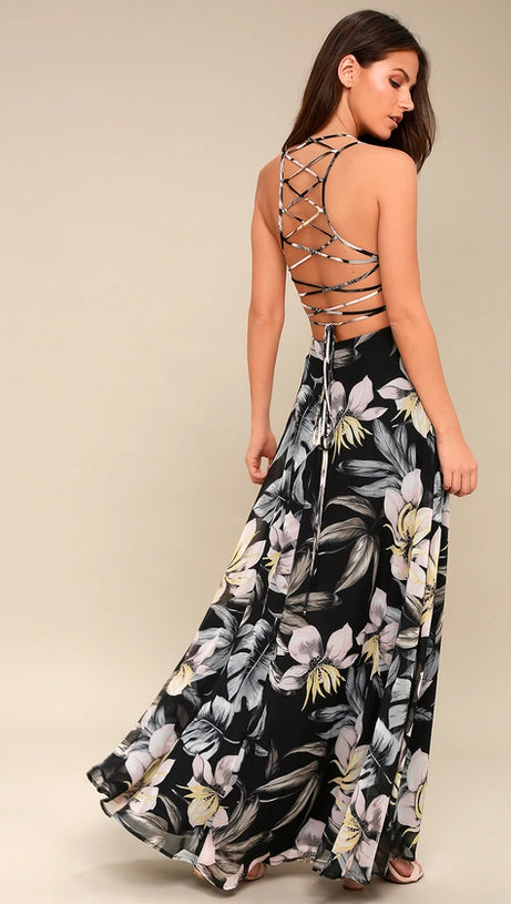 BLACK FLORAL PRINT LACE-UP MAXI DRESS