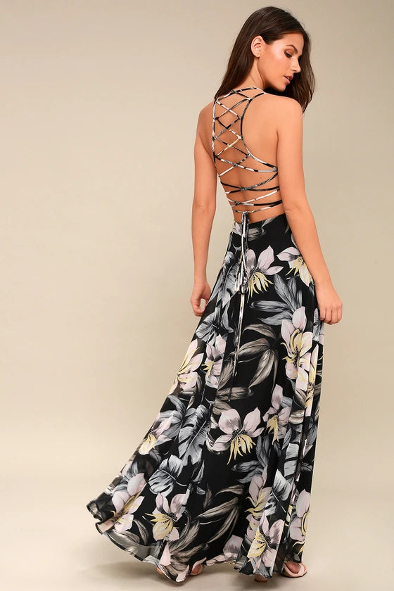 AIIZIE BLACK FLORAL PRINT LACE-UP MAXI DRESS - product image