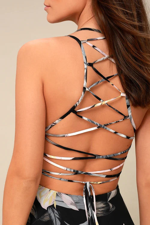 BLACK FLORAL PRINT LACE-UP MAXI DRESS