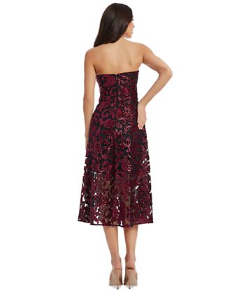 floral print strapless bustier midi dress in burgundy