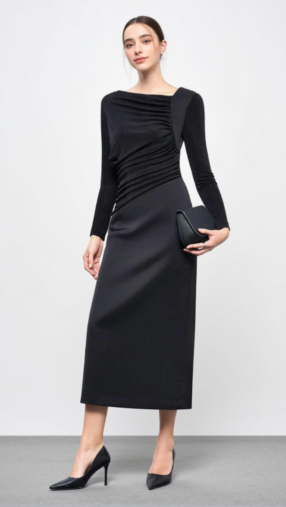 MIRABEL A-LINE BACK SLIT TAFFETA MIDI DRESS IN BLACK