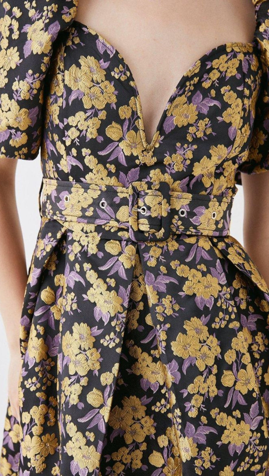 FLORAL JACQUARD PUFF SLEEVE DRESS