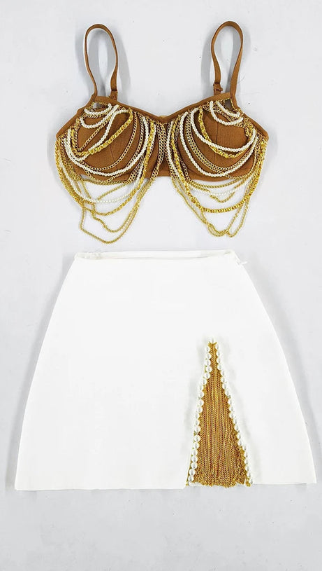 MIRIAM KHAKI METAL PEARL CHAIN TASSEL MINI SKIRT SET