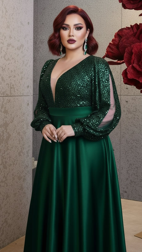 HENDRIKA DAZZLING EMERALD GREEN SEQUIN PLUS SIZE MAXI DRESS WITH LONG SLEEVES