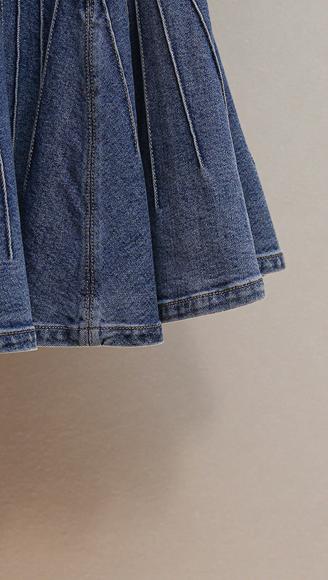 HAVIKA WOMEN'S EMBELLISHED SAILOR COLLAR DENIM MINI DRESS WITH PLEATED SKIRT