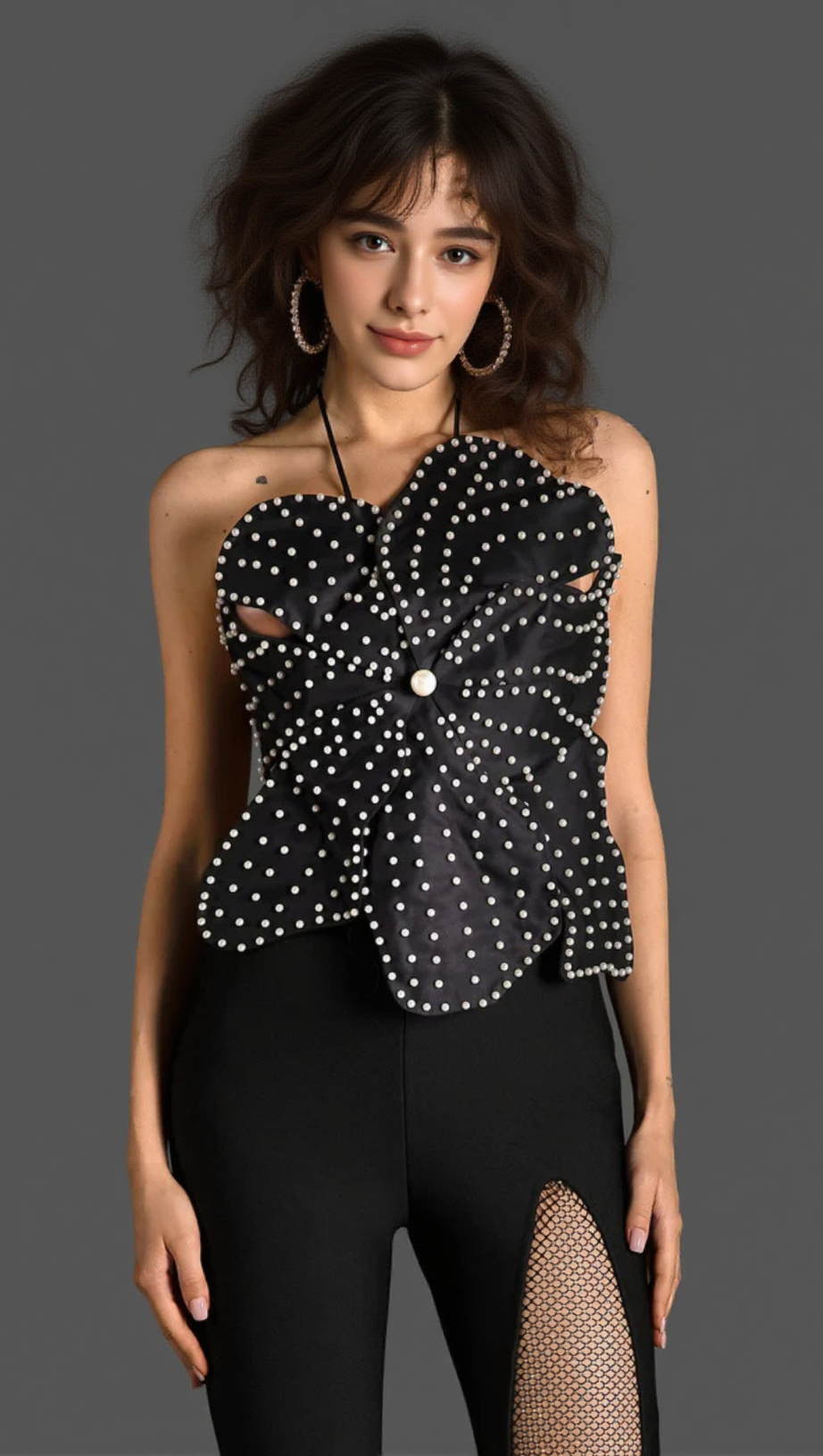 3D FLOWER PEARL EMBELLISHED TOP IN BLACK