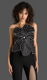 3D FLOWER PEARL EMBELLISHED TOP IN BLACK