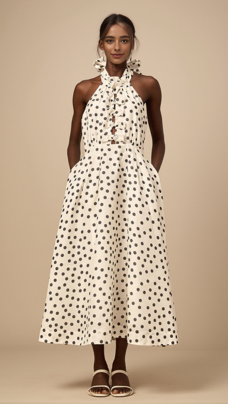 BOW POLKA DOT HALTER NECK MIDI DRESS IN WHITE