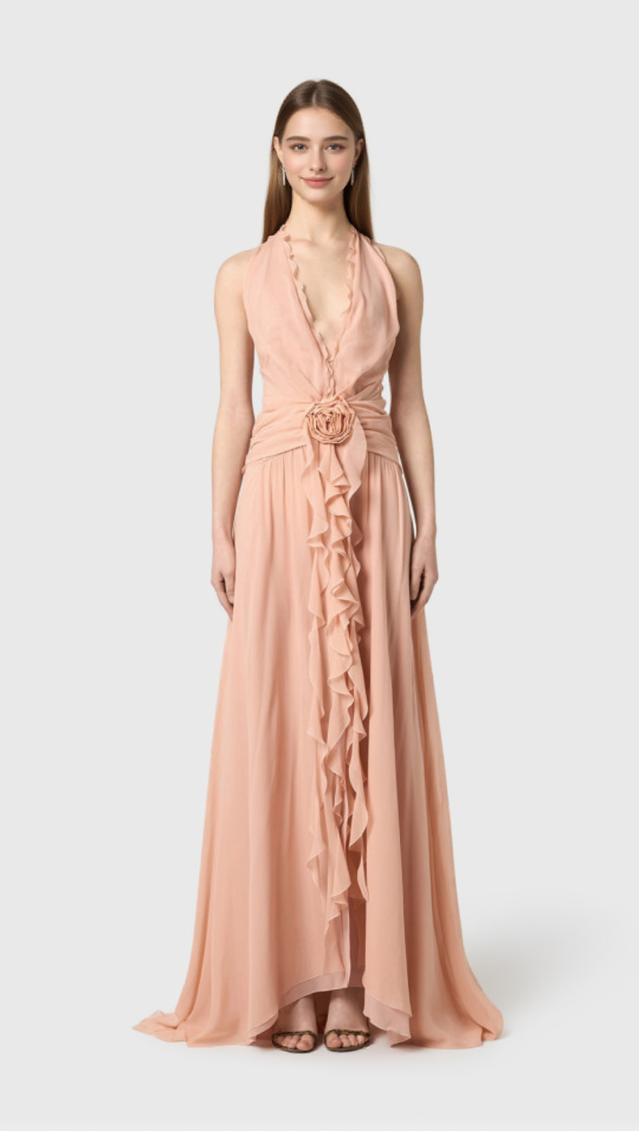 AONAVER FLORAL RUFFLE HALTER MAXI DRESS IN PINK