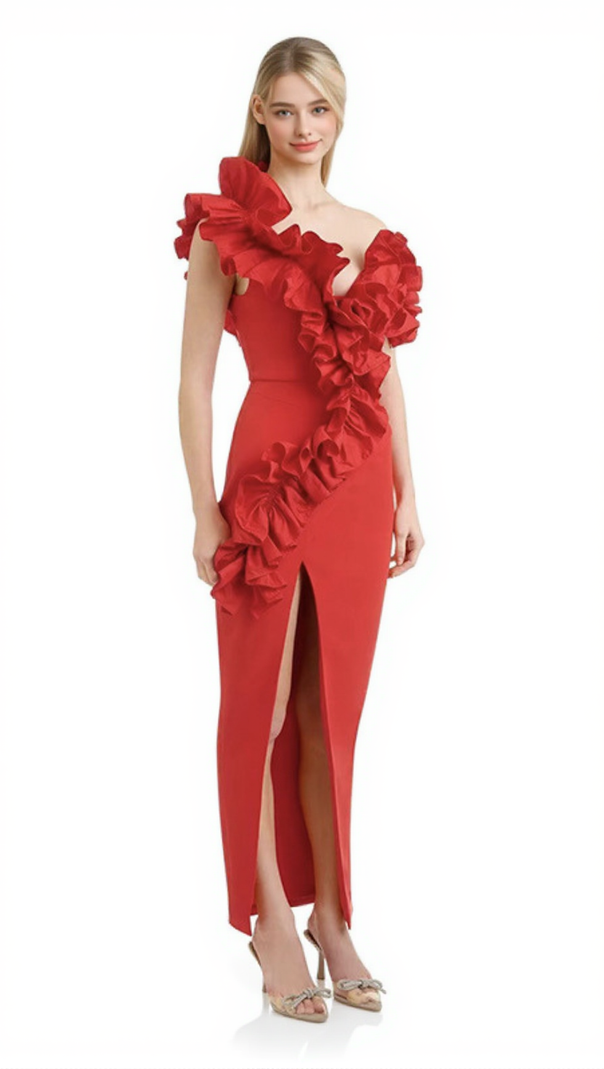 AIIZIE RUFFLED V-NECK SLIT PARTY EVENING DRESS RED - product image