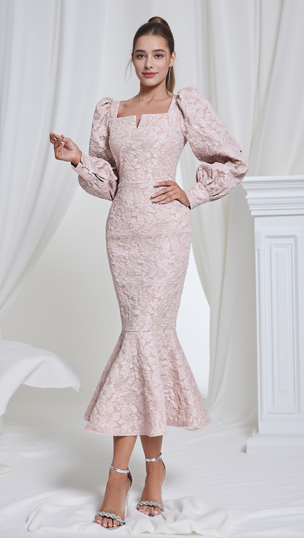 AIIZIE ALICE FLORAL JACQUARD PUFF SLEEVE BODYCON MAXI DRESS IN PINK - product image