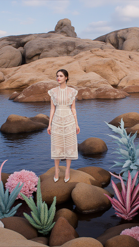 A-LINE SLEEVELESS LACE TEMPERAMENT EMBROIDERED COURT MIDI DRESS