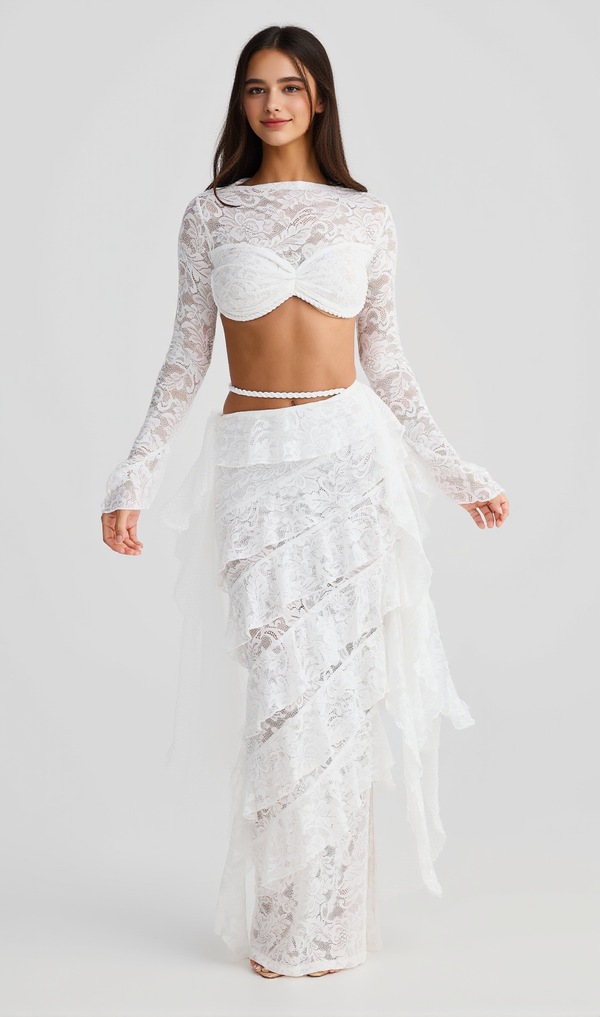 crafted rope crop top  lace skirt set in white