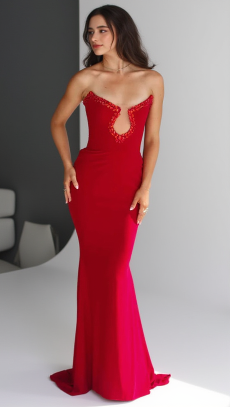 ABITO LUNGO DA SERA CON FASCIA ROSSA E DIAMANTI