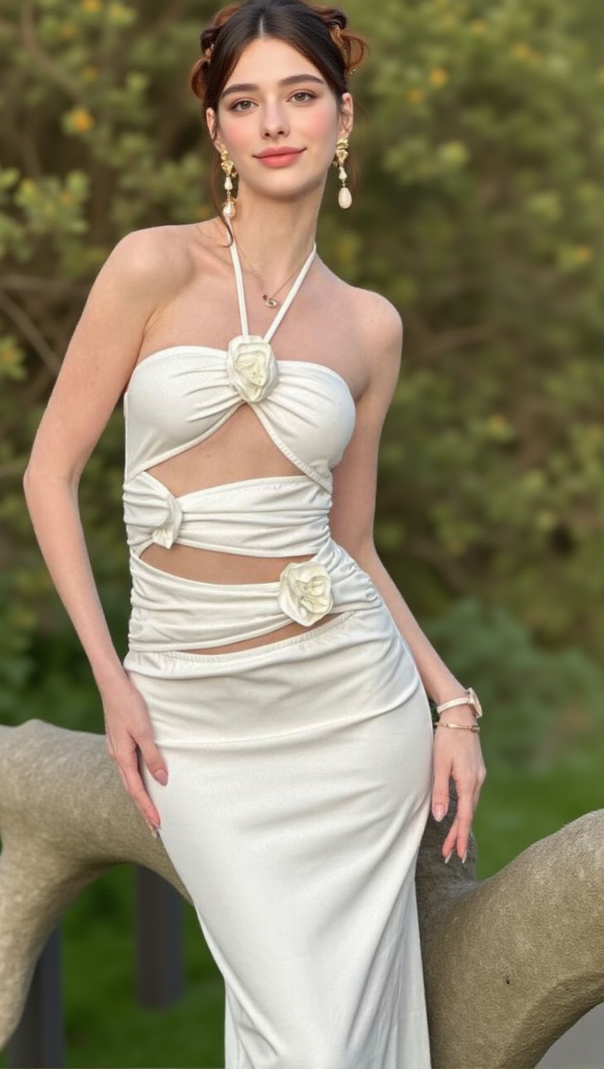 AIIZIE HALTER FLOWER CUT OUT MAXI DRESS WHITE - product image