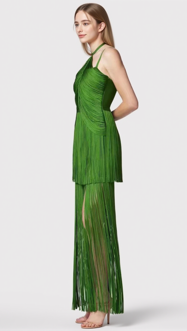 AIIZIE GREEN HALTER MAXI DRESS WITH FRINGE HEM EVENING DANCE DRESS - product image