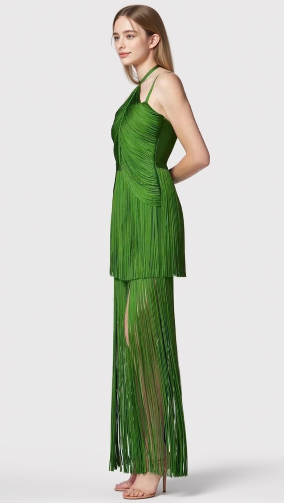 GREEN HALTER MAXI DRESS WITH FRINGE HEM EVENING DANCE DRESS