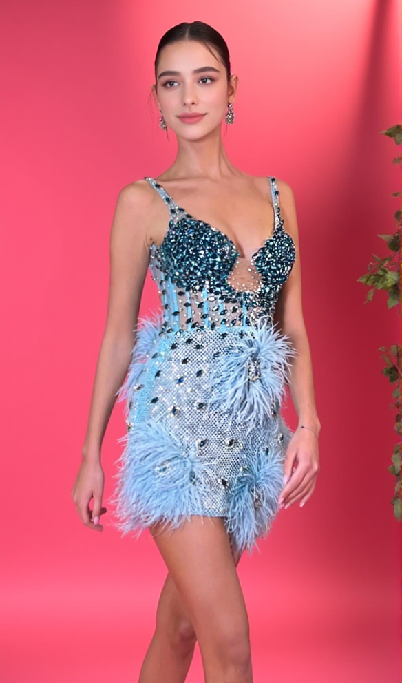 CRYSTAL BUSTIER FEATHER DETAIL  MINI DRESS BLUE