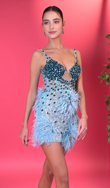 Crystal Bustier Feather Detail  Mini Dress Blue