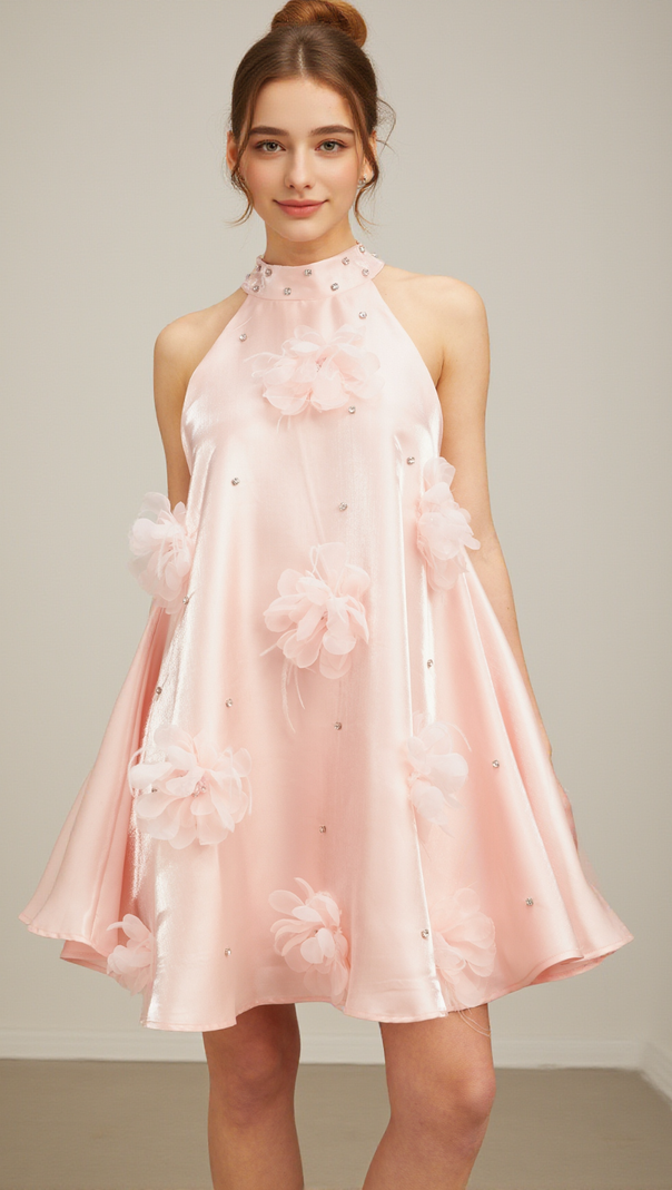 AIIZIE QUELLA PINK FLOWER SLEEVELESS A-LINE MINI DRESS - product image