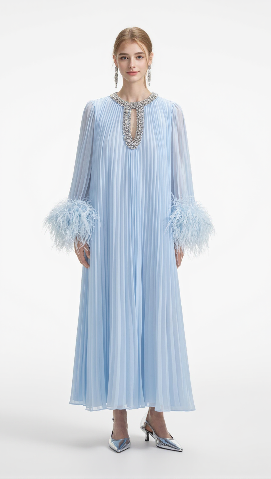 MANJA DIAMANTE CHIFFON FEATHER MAXI DRESS - BLUE