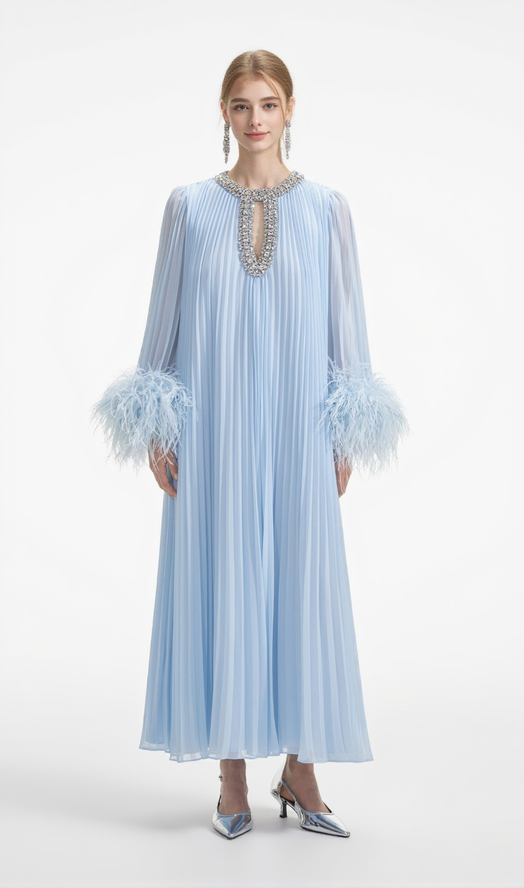 MANJA DIAMANTE CHIFFON FEATHER MAXI DRESS - BLUE