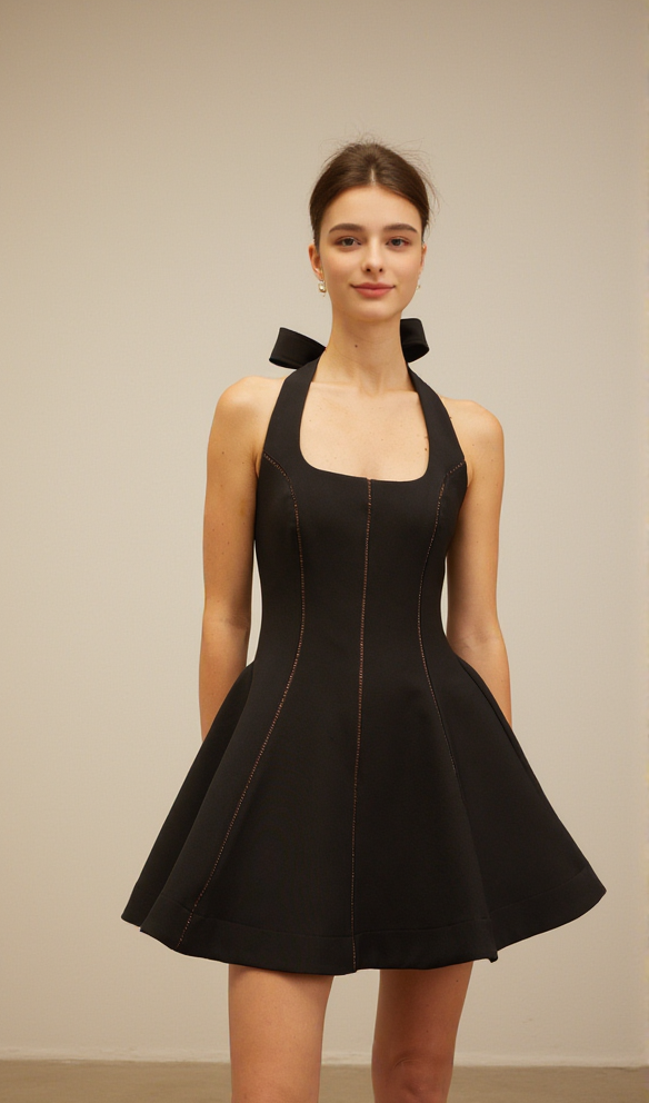 SANDY HALTERNECK BOW-EMBELLISHED MINI DRESS IN BLACK