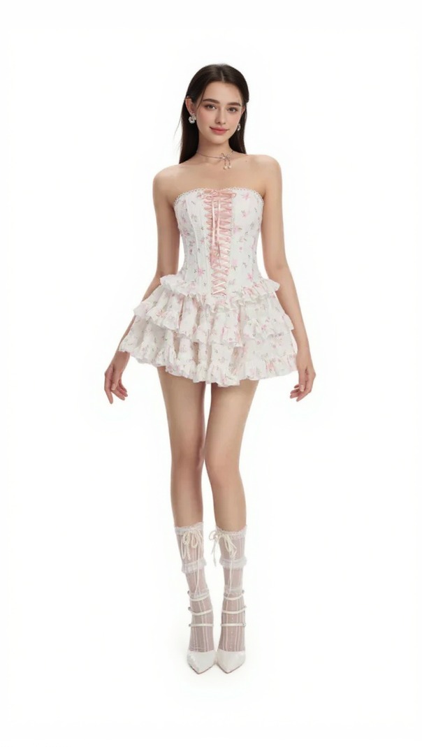AIIZIE FLORAL PRINT CHEST-WRAPPED MINI DRESS IN WHITE - product image