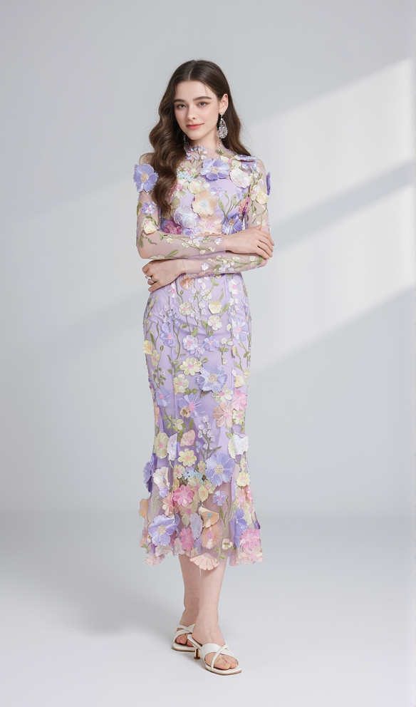 CAROL PURPLE FLORAL EMBROIDERY MESH LONG SLEEVE MIDI DRESS