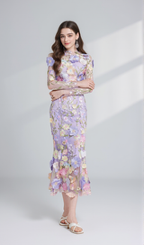 CAROL PURPLE FLORAL EMBROIDERY MESH LONG SLEEVE MIDI DRESS