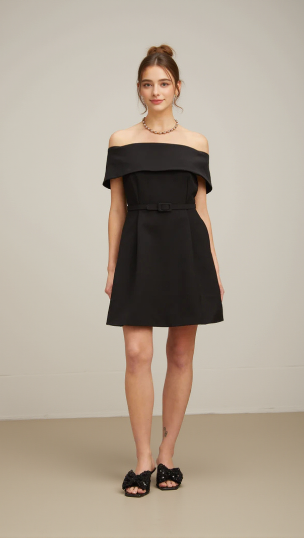 AIIZIE BELTED OFF-SHOULDER A-LINE MINI DRESS IN BLACK - product image