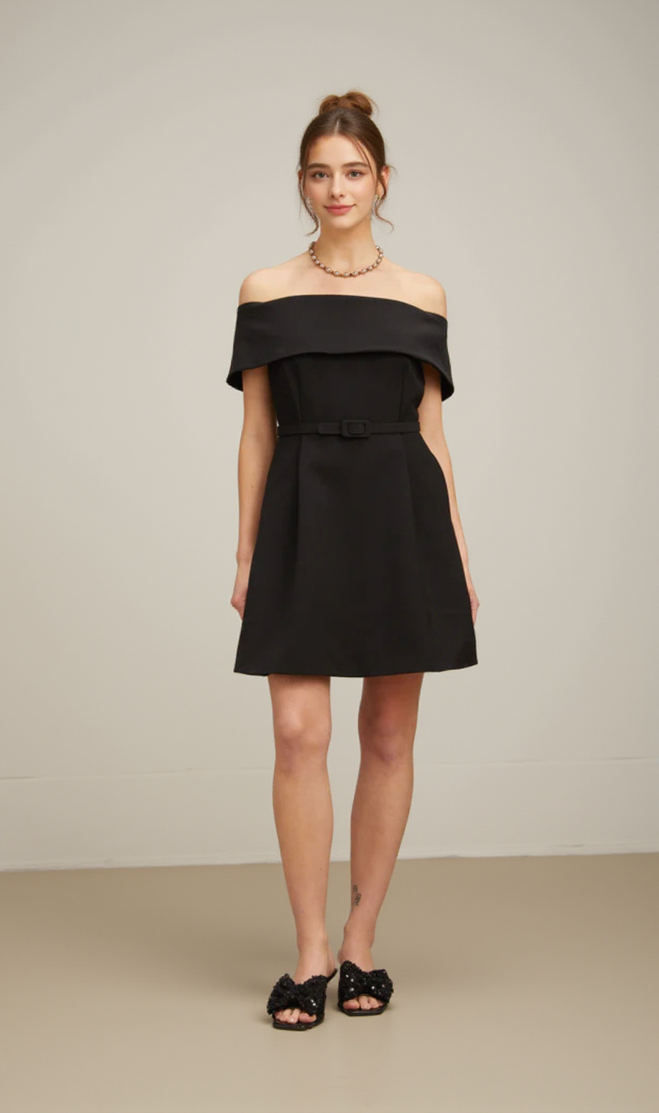 belted off-shoulder a-line mini dress in black