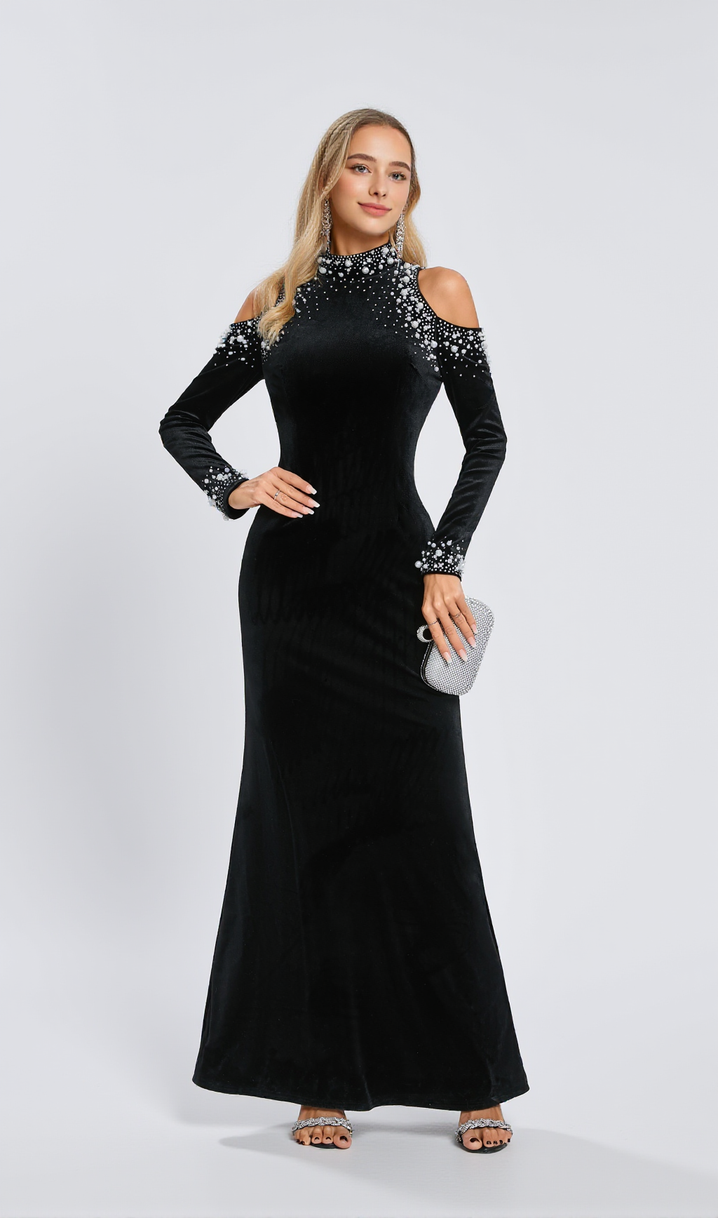 Long Sleeve Embellished Maxi Velvet Dress Black