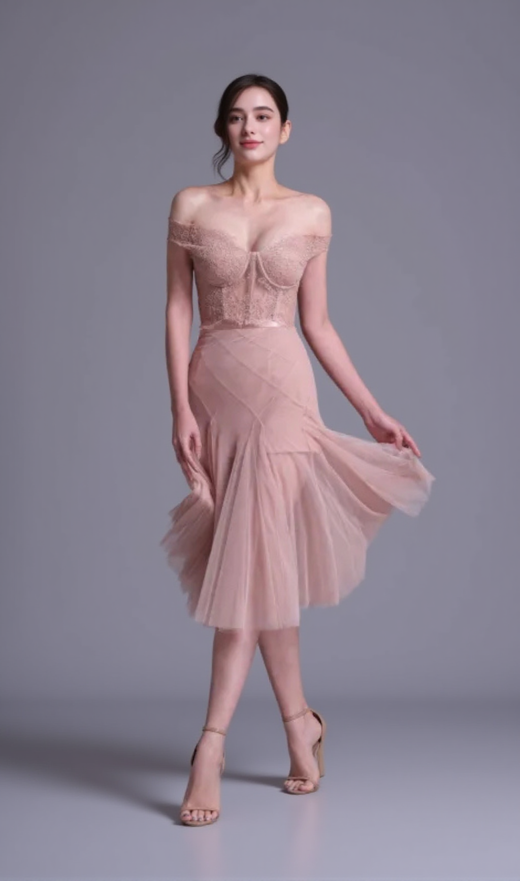 FLORAL DENTELLE OFF-SHOULDER BUSTIER CORSET NET SKIRT SET IN PINK