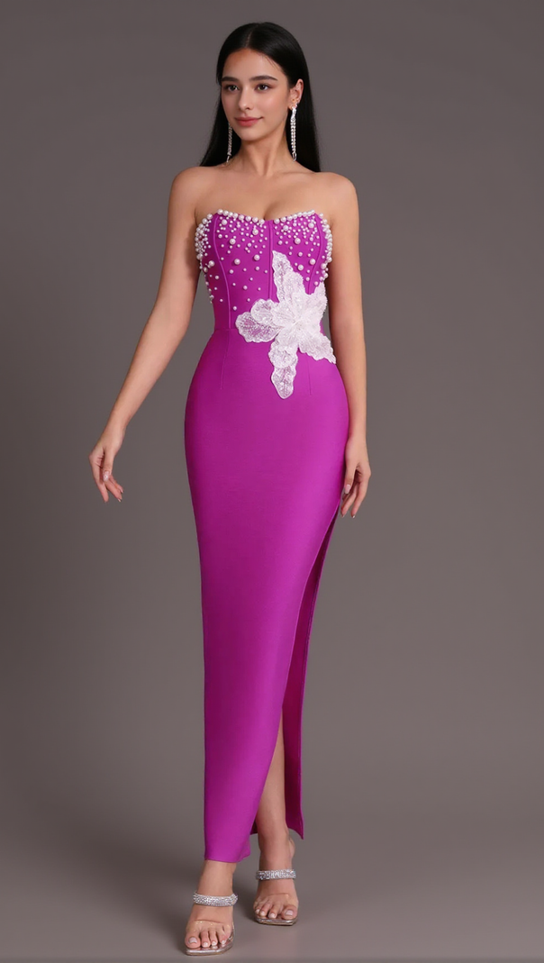 AIIZIE PURPLE BEADED STRAPLESS SIDE SLIT BANDAGE DRESS - product image