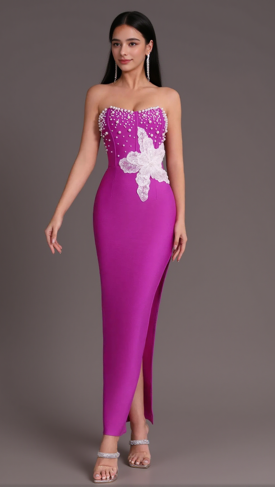 PURPLE BEADED STRAPLESS SIDE SLIT BANDAGE DRESS