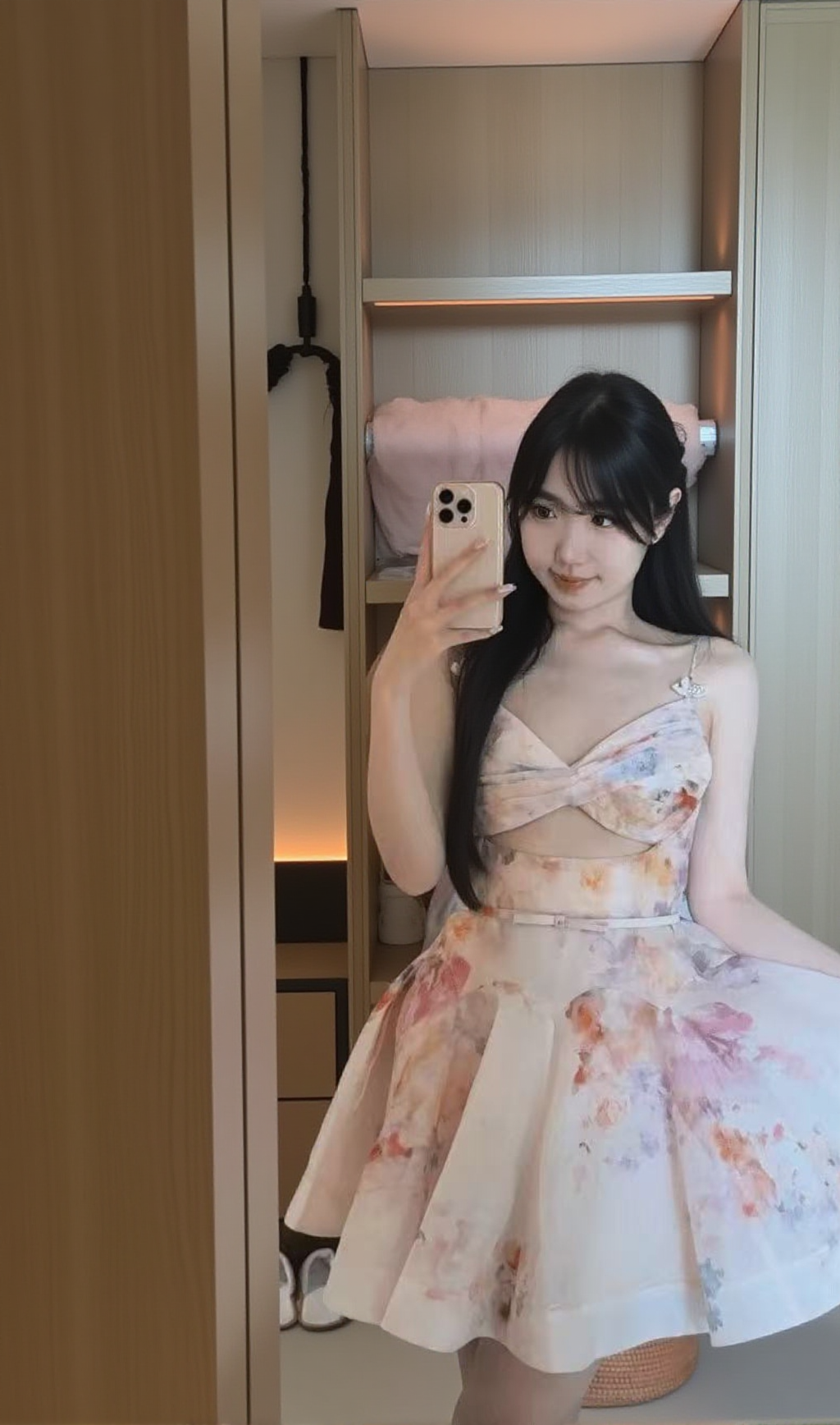 Bunt bedrucktes Prinzessinnenkleid mit hohler Taille und Hosenträgern