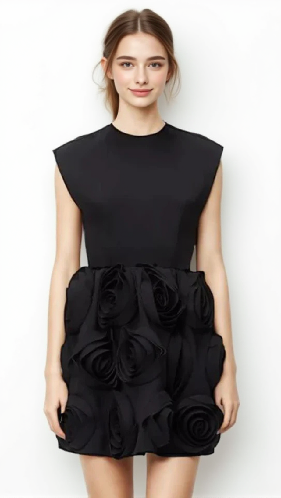 XAVIERA ROSE APPLIQUE MINI DRESS IN BLACK