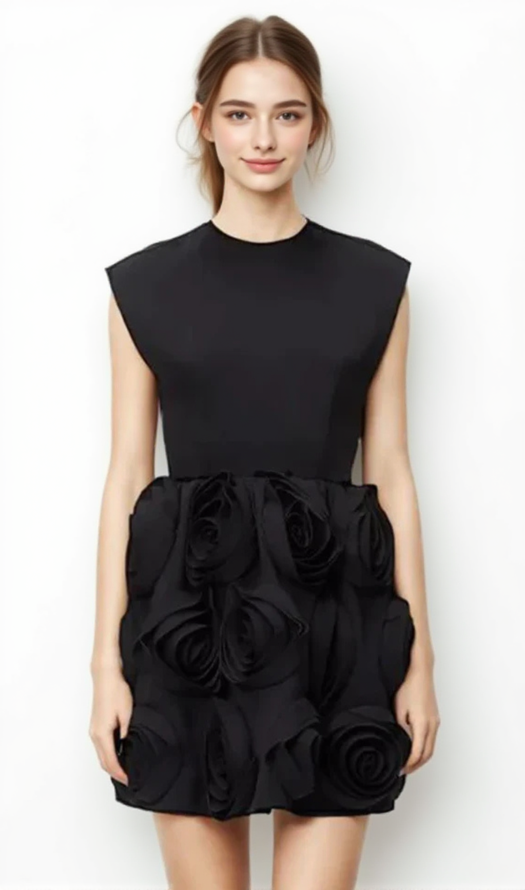 XAVIERA ROSE APPLIQUE MINI DRESS IN BLACK