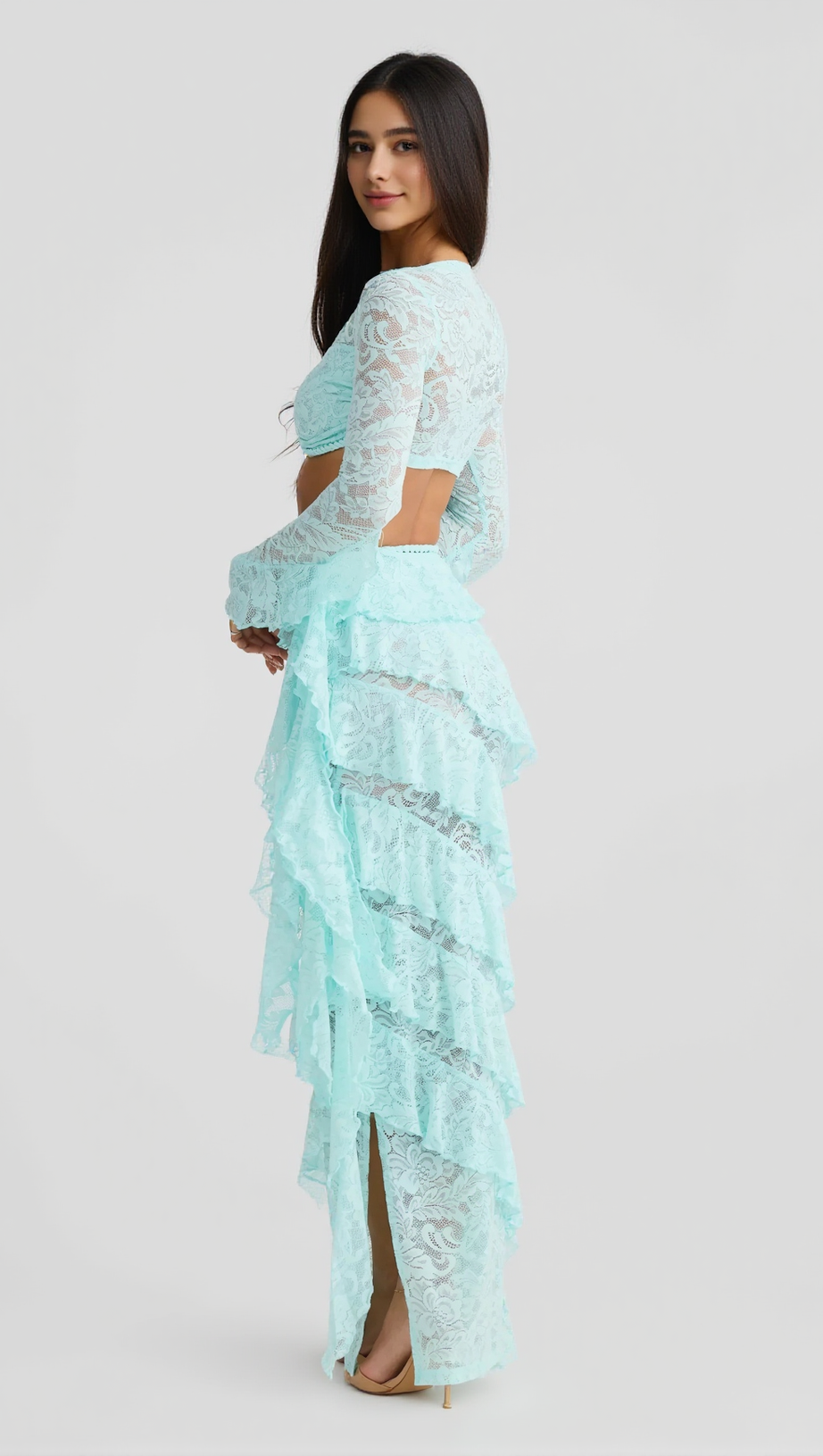 CRAFTED ROPE CROP TOP  LACE SKIRT SET IN PALE BLUE