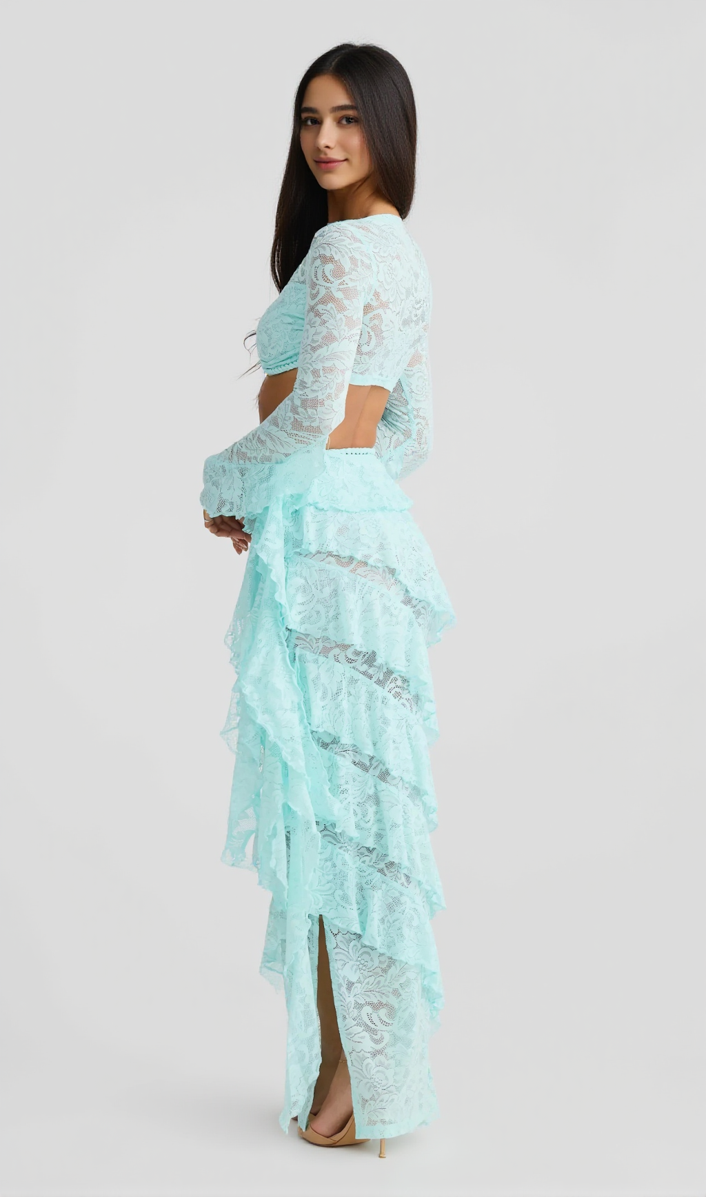 CRAFTED ROPE CROP TOP  LACE SKIRT SET IN PALE BLUE