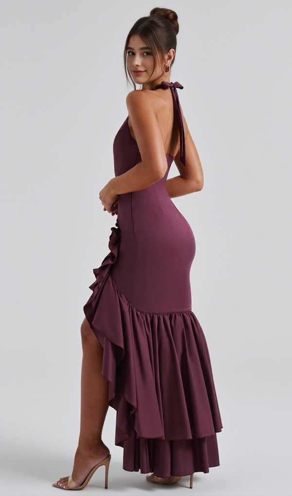 Veronique ruffle hem Maxi Dress in Cherry Lacquer