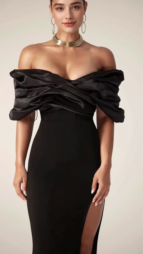 SOPHIA OFF SHOULDER RUCHED MAXI SLIT DRESS IN BLACK