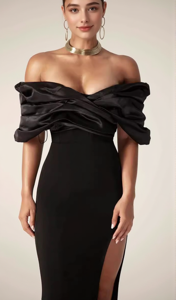 AIIZIE SOPHIA OFF SHOULDER RUCHED MAXI SLIT DRESS IN BLACK - product image