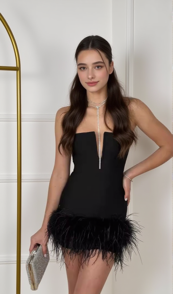 Deep V tube top ostrich feather hip-wrapped mini dress black