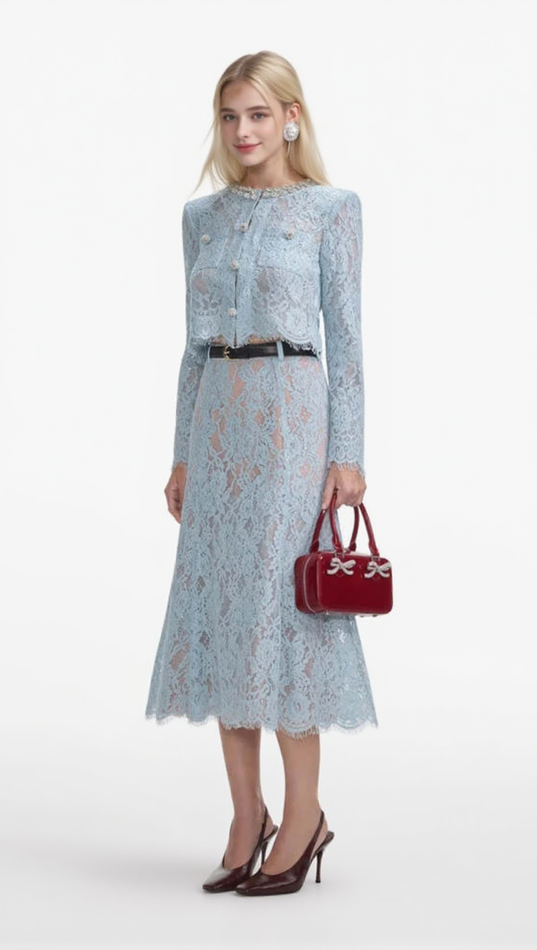 AIIZIE CAROL LACE FLARED MIDI SKIRT IN BLUE - product image