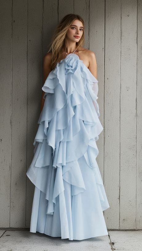 Caysie – Neckholder-Maxikleid mit floralem Rüschenmuster in Blau