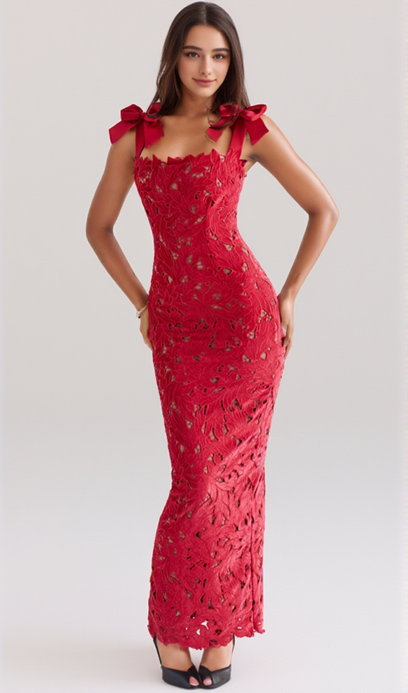 ABITO LUNGO IN PIZZO RICAMATO CON FIOCCO E CINTURINI HERMOSA ROSSO