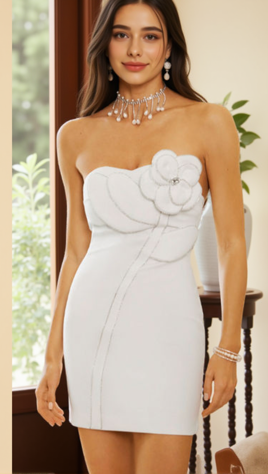 EMMA FLOWER EMBELLISHED STRAPLESS MINI DRESS IN WHITE