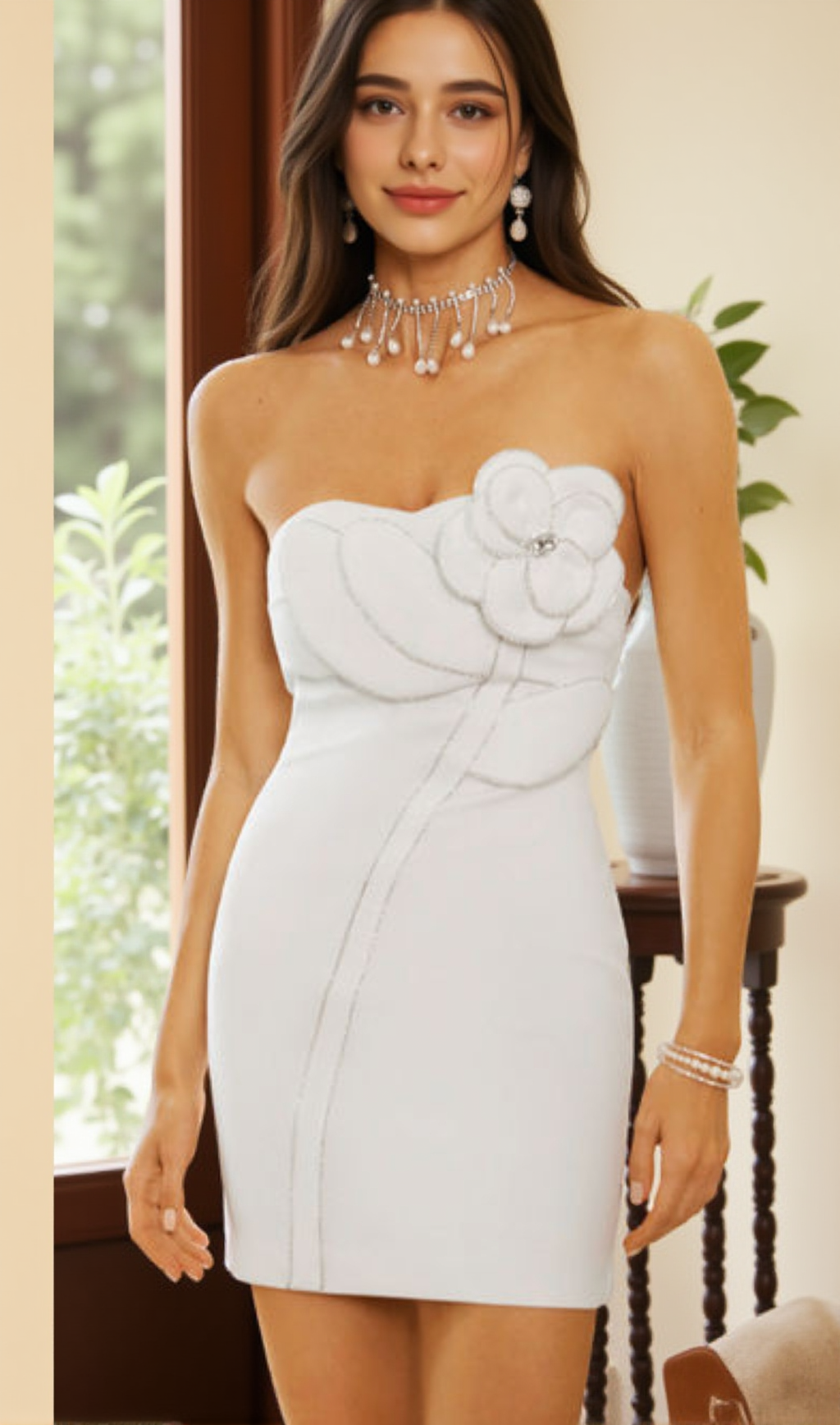 EMMA FLOWER EMBELLISHED STRAPLESS MINI DRESS IN WHITE